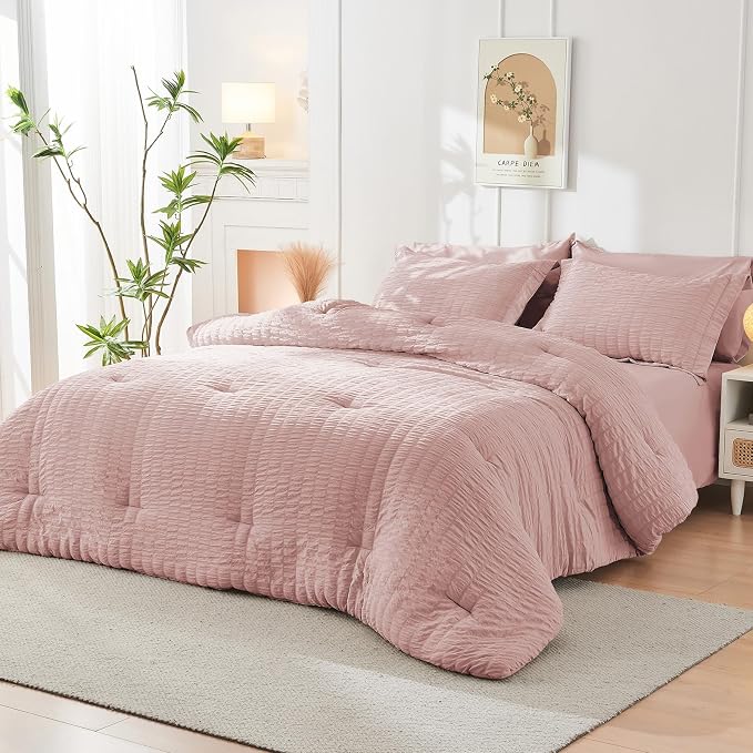 HYMOKEGE Rose Gold Duvet Cover Queen Size, Ultra Soft 3-Piece Seersucker Duvet - Image 7