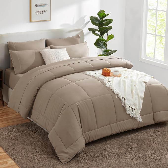 CozyLux King Size Comforter Set Khaki, 7 Pieces Bed in a Bag, Khaki Comforter - Image 8
