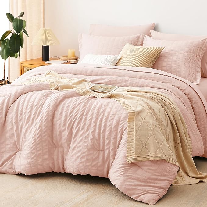 CozyLux King Size Comforter Set Blush Pink Seersucker 7 Pieces Bed in a Bag by CozyLux