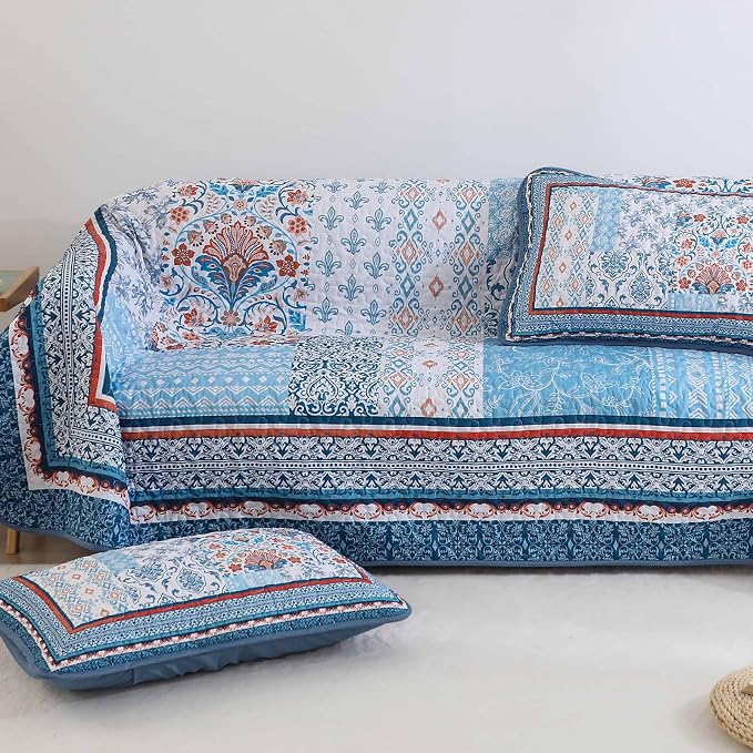 WONGS BEDDING Blue Quilt Set King Size, 3 Pieces Boho Patchwork Bedspread - Image 8