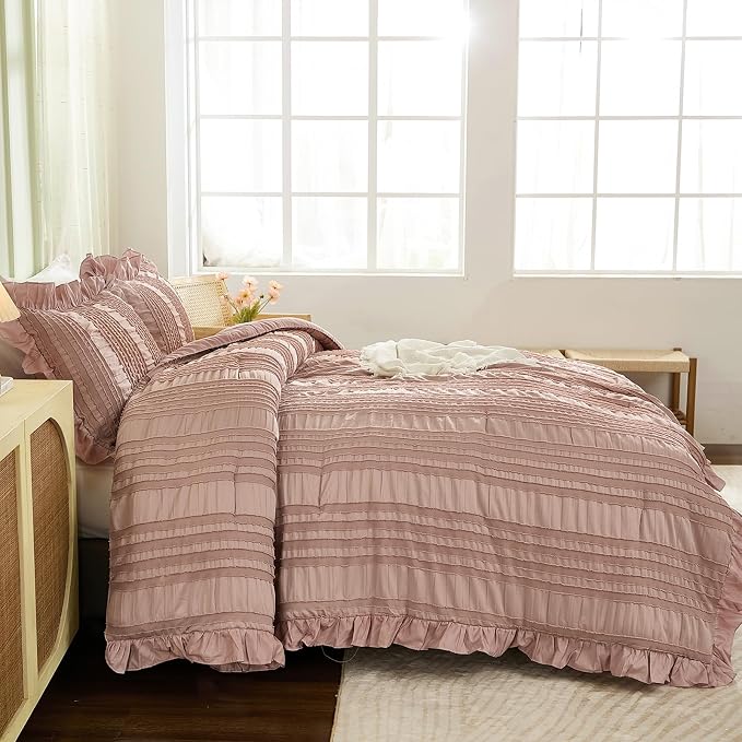 WONGS BEDDING Pink Comforter Set Queen, 3 Pieces Ruffle Farmhouse Shabby Chic - Image 3