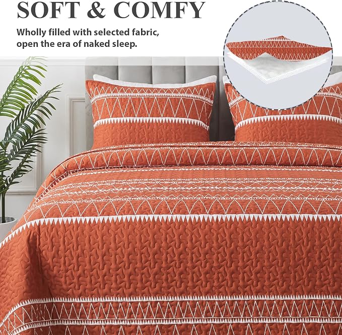 Andency Terracotta King Size Quilt Set, 3 Pieces Boho Lightweight Soft Striped - Image 3