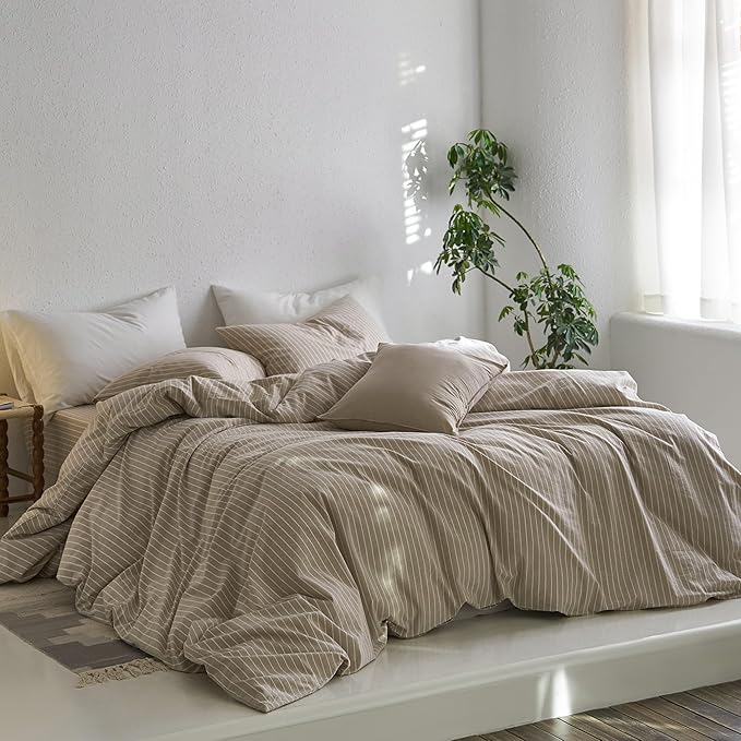 MooMee Striped Duvet Cover Set 100% Washed Cotton Linen Like Textured - Image 4