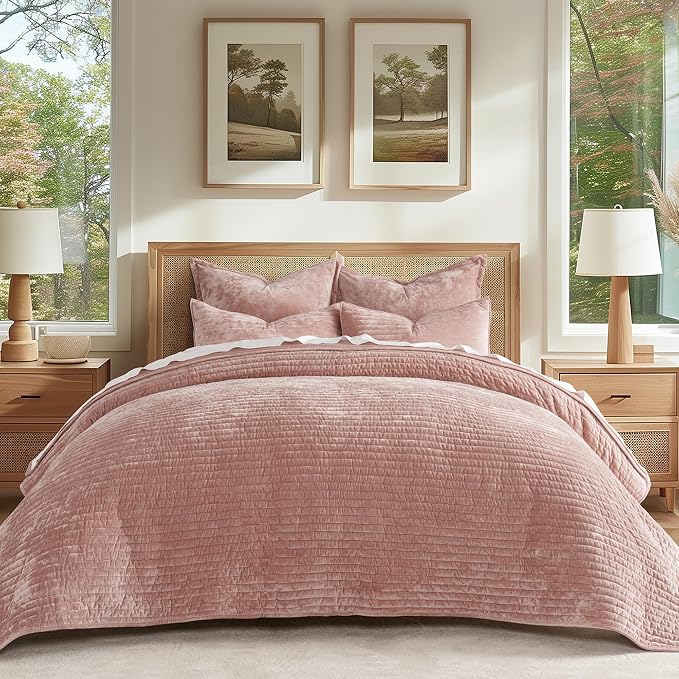 EVERGRACE Velvet Quilt Set King Size, Luxurious Soft Striped Channel Bedding Set by EverGrace