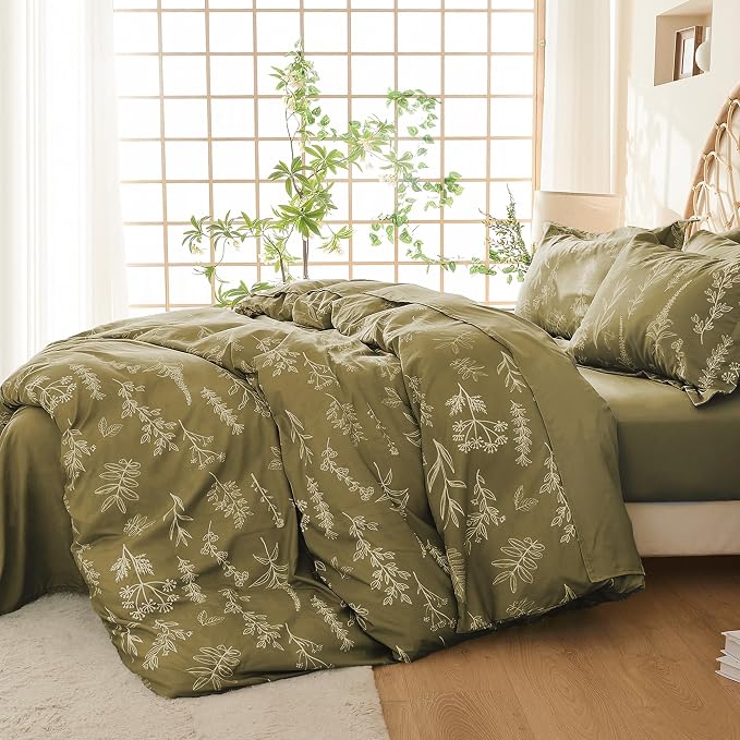 MUXHOMO Duvet Cover Full Size, Reversible Floral Olive Green Duvet Cover Set - Image 2