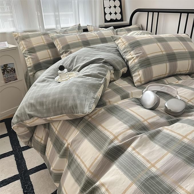 mixinni Green Grid Duvet Cover Set Twin - Image 3