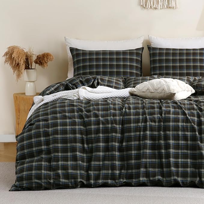 TOCOMOA Buffalo Plaid Duvet Cover Set 100% Washed Cotton Like Linen Feel Super by TOCOMOA