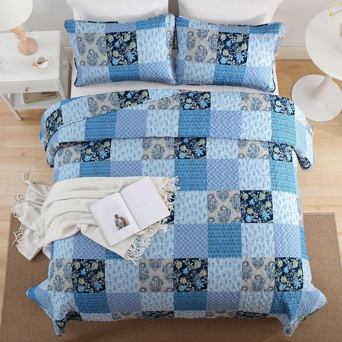 Xruibed Blue Quilt Set Queen Size 3 Pieces Plaid Floral Boho Bedspread Coverlet - Image 3