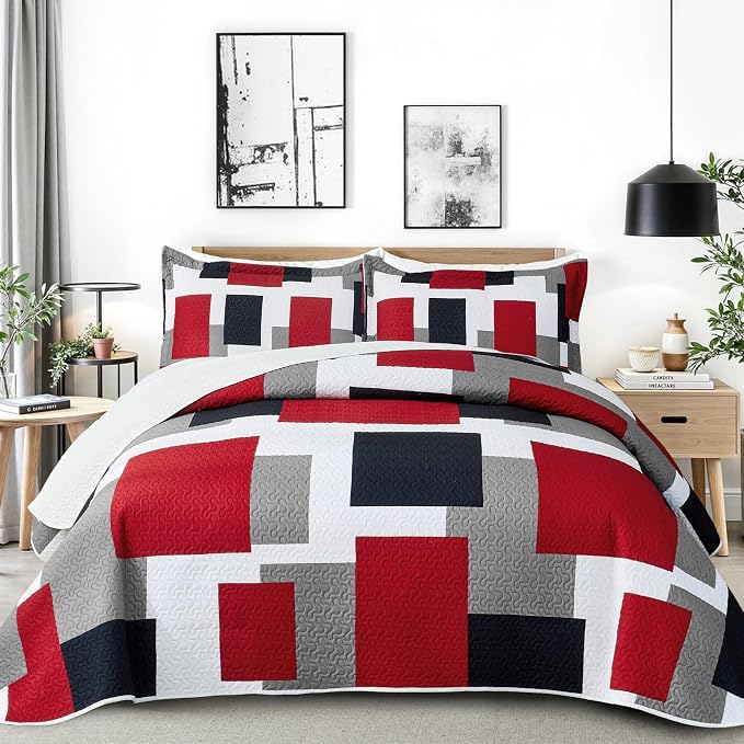 Tyrot 3 Piece Red Black Grey Quilt Set California King Size Red White Geometric by TyrotHomeDecor