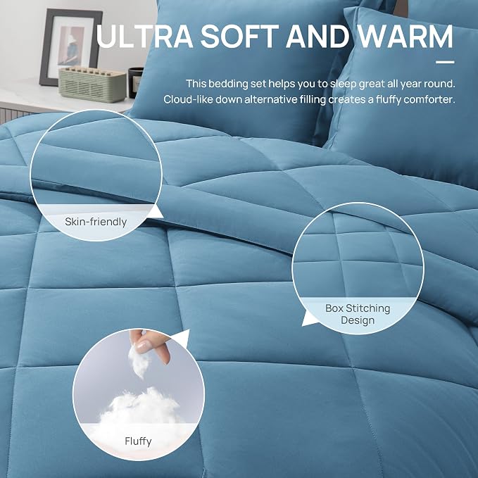 Love's cabin Queen Comforter Set Misty Blue, 7 Pieces Queen Bed in a Bag - Image 5