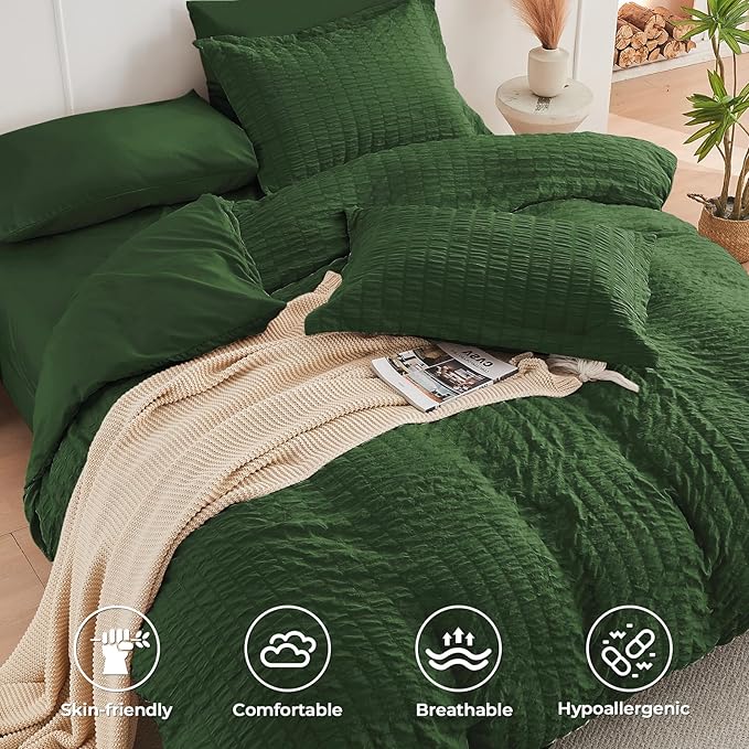 HYMOKEGE Dark Green California King Comforter Set Seersucker 7 Pieces, All - Image 3