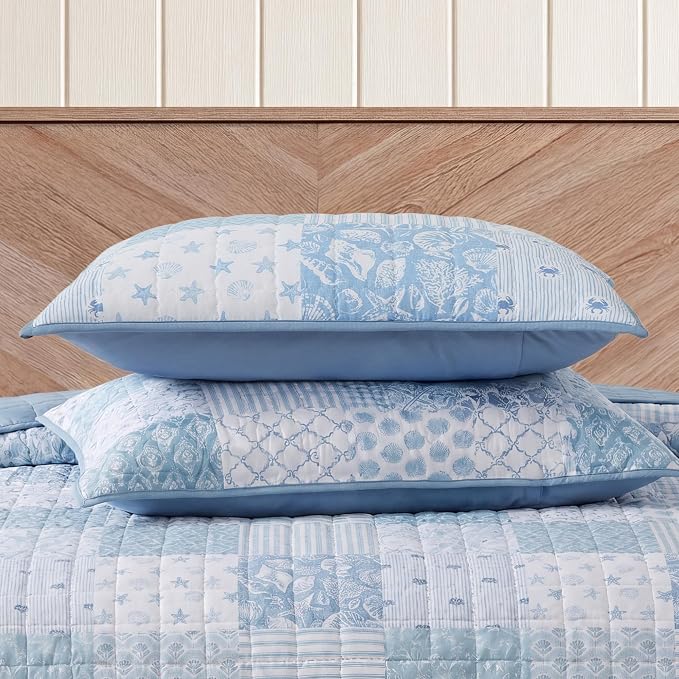 BLOOMHAVEN Quilt Set King Size, Patchwork Sea Blue Floral Quilt Sets, - Image 5