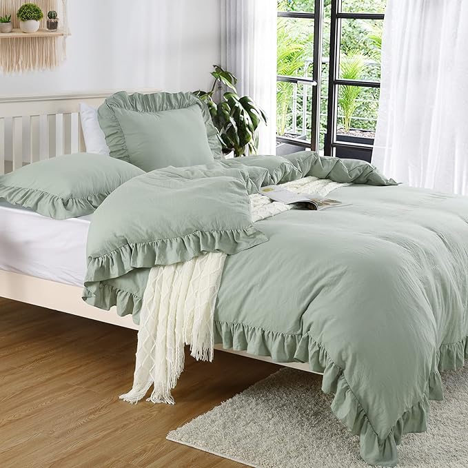 Ruffle Duvet Cover Queen Size, Sage Green, 90x90 in by CAROMIO