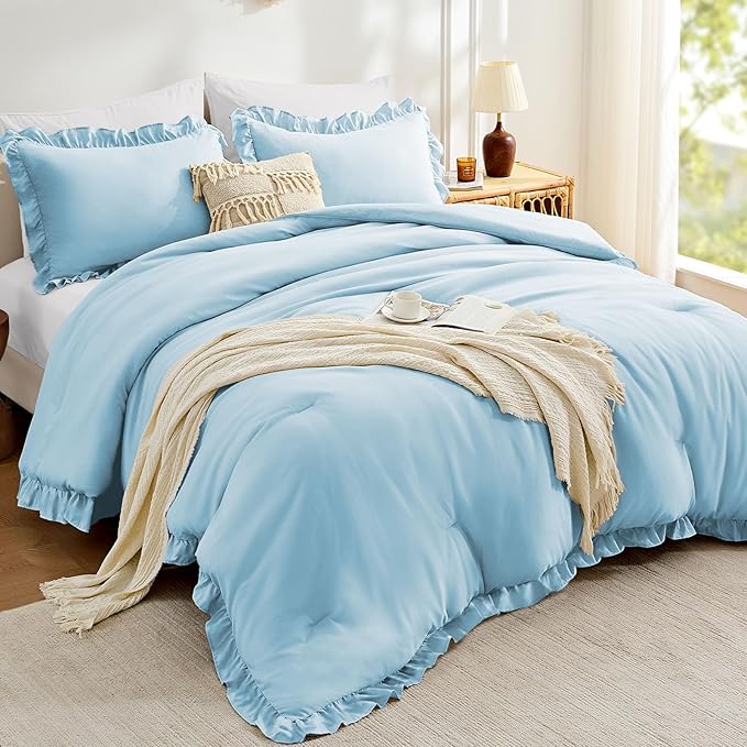 FUANNA King Size Comforter Set Light Blue, 3 Pieces Ruffle King Bedding Set by FUANNA