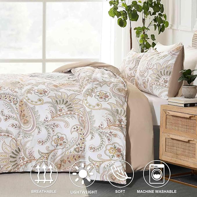 Nanko Paisley Comforter Set Queen Size 3 Pcs, Tan Taupe Classy Boho Damask - Image 3