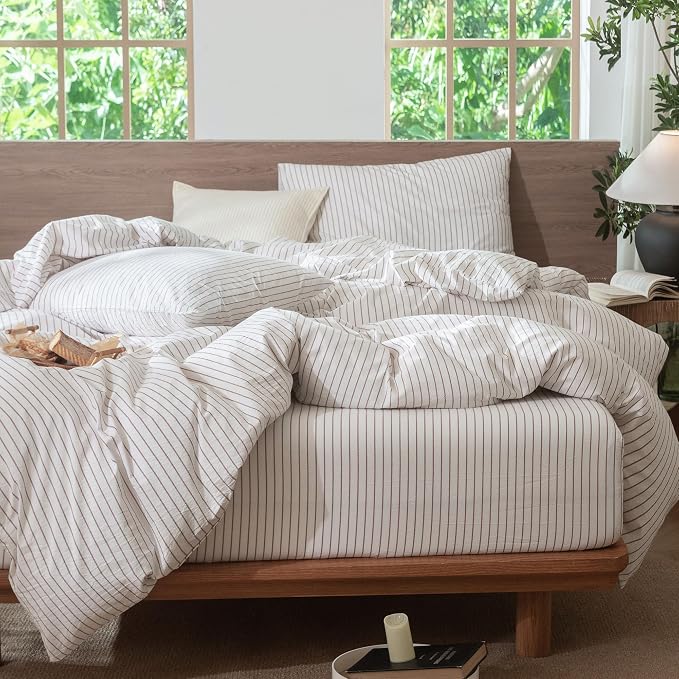 MooMee Striped Duvet Cover Set 100% Washed Cotton Linen Like Textured - Image 6
