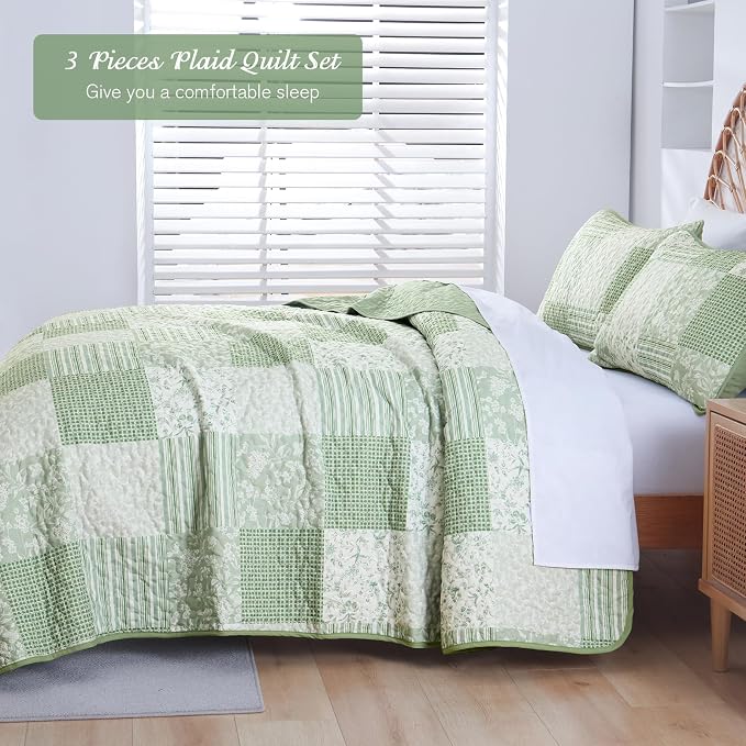 Mybedsoul Light Green Quilt Set King Size, 3 Pieces Plaid Floral Bedspread Set - Image 3
