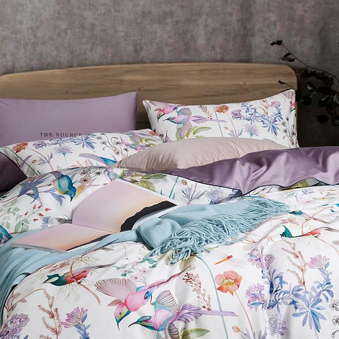 mixinni Queen Size Duvet Cover Purple Flowers Bird Bedding Sets Shabby Chic - Image 2