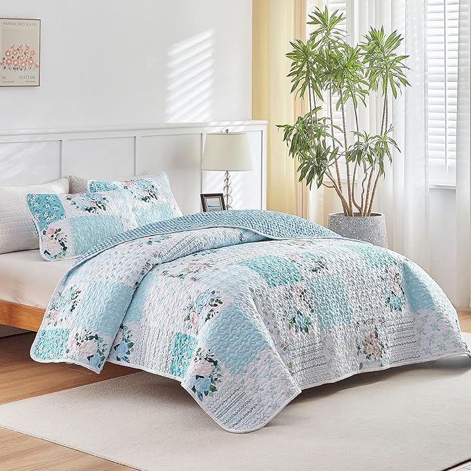 Joyreap 3 Pieces Floral Patchwork Quilt Set Queen, Soft n Cozy Microfiber Quilt - Image 2