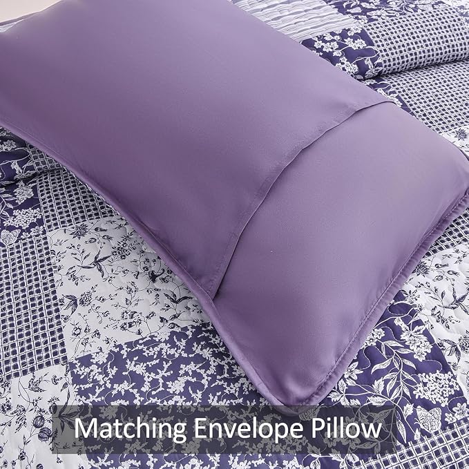 Mybedsoul Purple Quilt Set Twin Size, 2 Pieces Plaid Floral Bedspread Set - Image 4