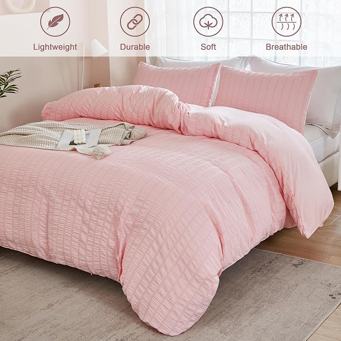 AveLom Blush Pink Seersucker Duvet Cover Set Full Size, 3 Pieces, Ultra Soft - Image 2