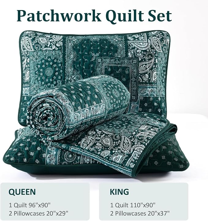 Cottolester Queen Quilt Set 3 Pieces, Emerald Green Patchwork Quilt Set - Image 8