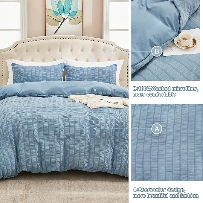 AveLom Grayish Blue Duvet Cover Cal King, 3 Pieces, Seersucker Striped Soft - Image 5