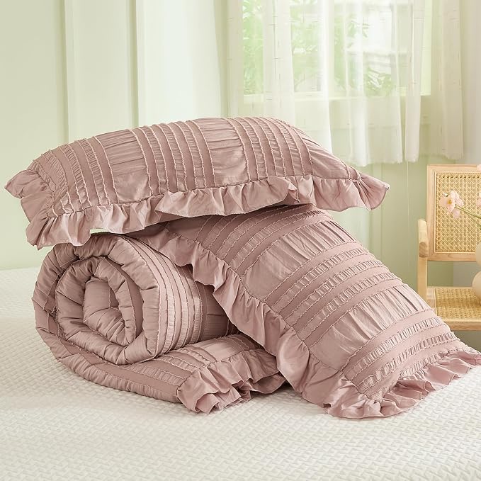 WONGS BEDDING Pink Comforter Set King, 3 Pieces Ruffle Farmhouse Shabby Chic - Image 7