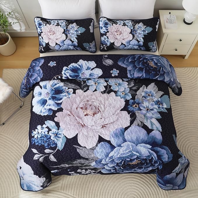 WONGS BEDDING Navy Boho Floral Quilt Set Queen, Elegant Blue Flower Bedspread - Image 3