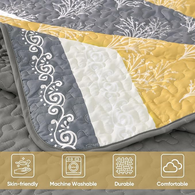 DJY Yellow Boho Quilt Set King Size, Striped Floral Yellow and Grey Bedspread - Image 6