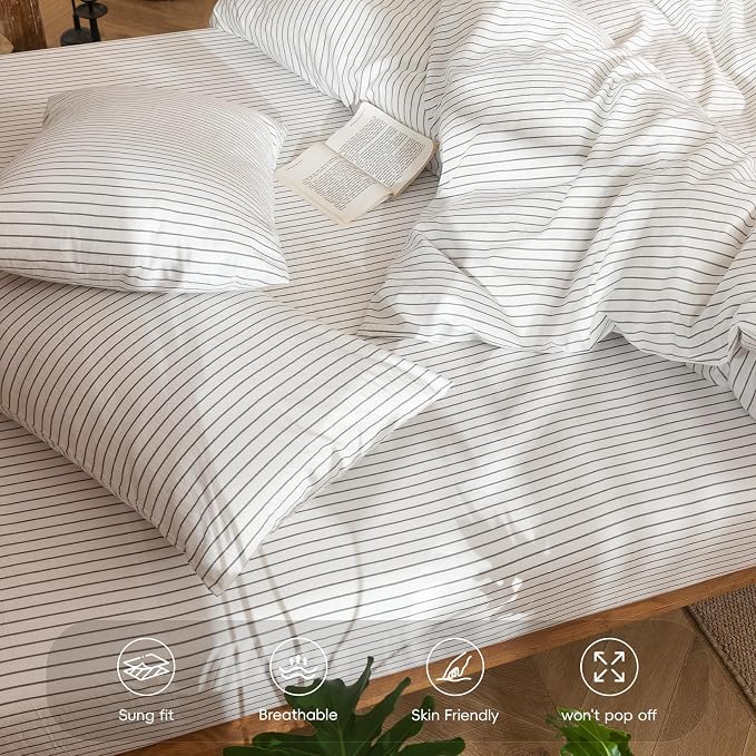 MooMee Fitted Bottom Sheet Only 100% Washed Cotton Linen Like Textured - Image 5