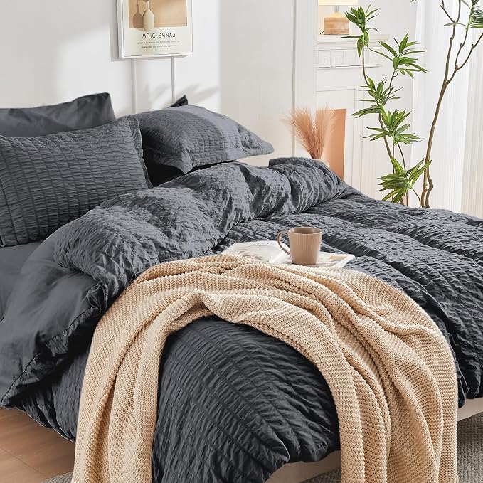 HYMOKEGE Dark Grey Twin Size Duvet Cover, Ultra Soft 2-Piece Seersucker Duvet - Image 7