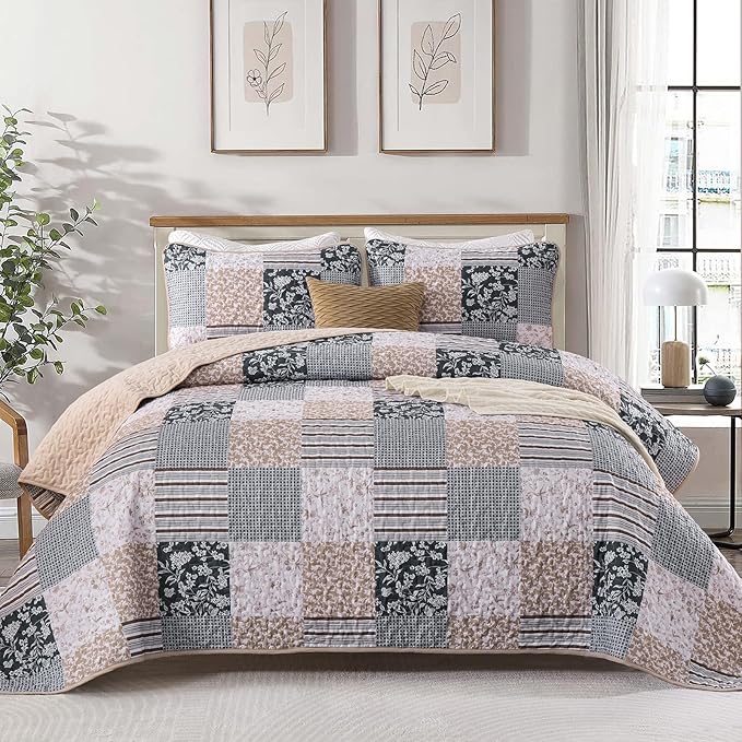 Mybedsoul Patchwork Quilt Set Queen Size, 3 Pieces Blue Brown Floral Plaid by Mybedsoul