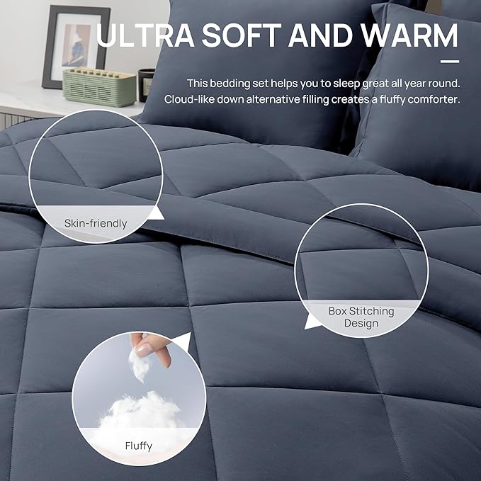 Love's cabin King Size Comforter Set Navy Blue, 7 Pieces King Bed in a Bag - Image 5