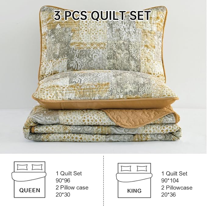 Mybedsoul Yellow Boho Quilt Set Queen Size 3 Pieces Grey and Yellow Plaid - Image 7