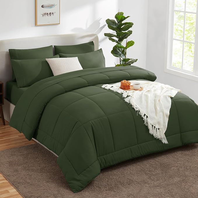 CozyLux Queen Comforter Set Olive Green, 7 Pieces Bed in a Bag, All Season - Image 8