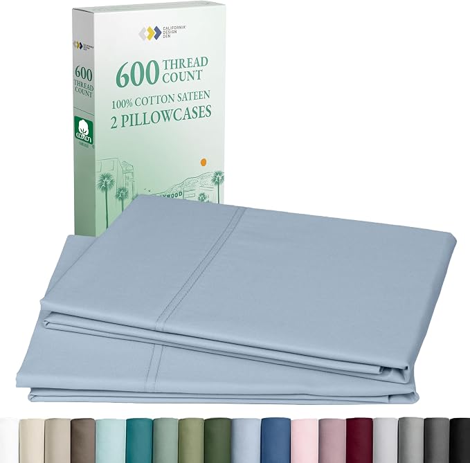 Luxuriously Soft Premium 600 Thread Count, 100% Cotton Set of 2 Cases, Crisp by CaliforniaDesignDen