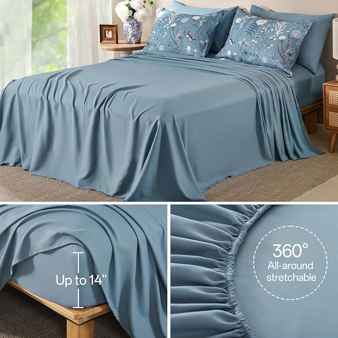 Yiran Blue Comforter Set King Size, 7 Piece Floral Comforter Bedding Set - Image 7