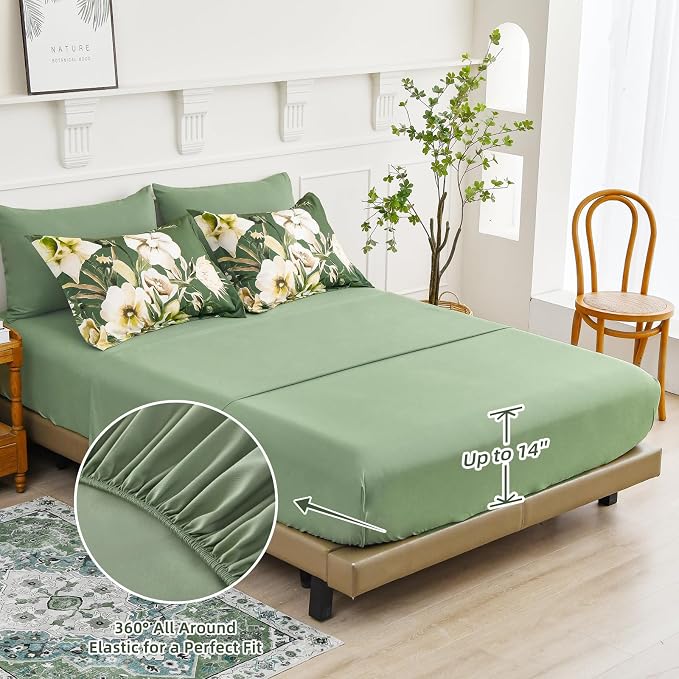 Luxudecor Floral Comforter Set King Size 7 Piece, Olive Green Flower Bed in a - Image 4