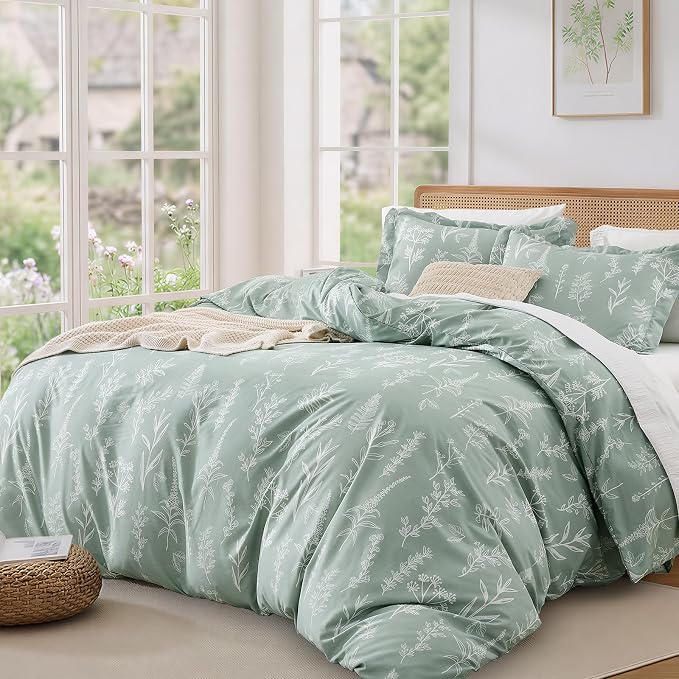 MUXHOMO Duvet Cover Full Size, Reversible Floral Green Duvet Cover Set - Image 9