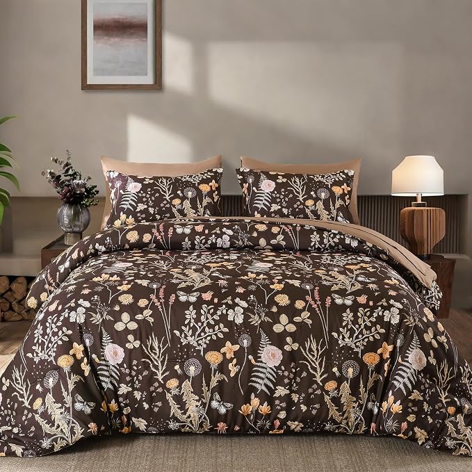 Yiran Brown Comforter Set King Size, 7 Piece Floral Comforter Bedding Set - Image 9