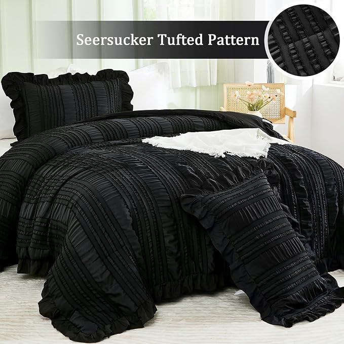WONGS BEDDING Black Comforter Set Queen, 3 Pieces Ruffle Farmhouse Shabby Chic - Image 2