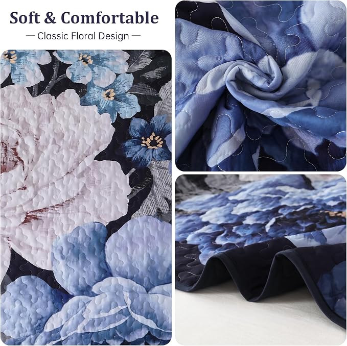WONGS BEDDING Navy Boho Floral Quilt Set Queen, Elegant Blue Flower Bedspread - Image 6
