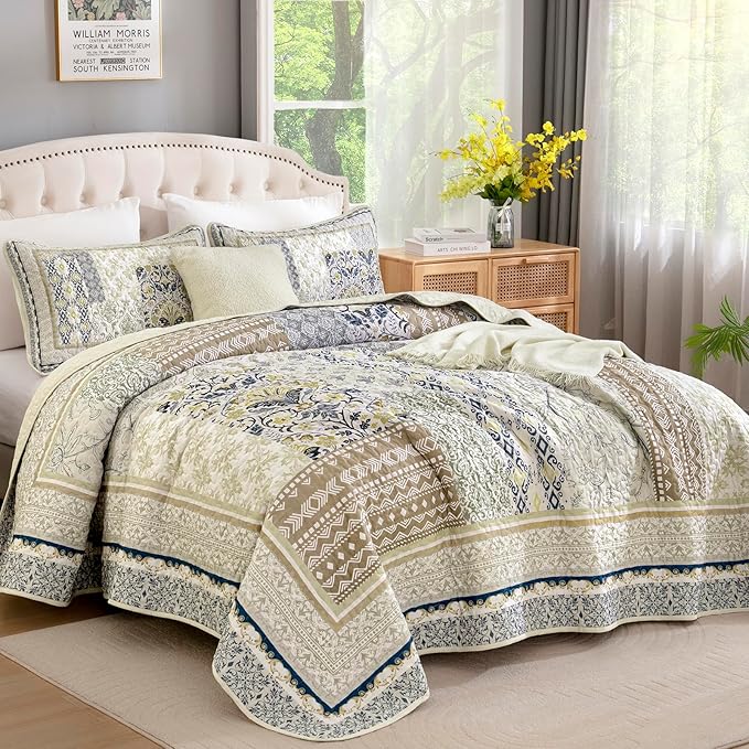 WONGS BEDDING Boho Quilt Set Queen, 3 Pieces Beige Patchwork Bedspread Coverlet - Image 2
