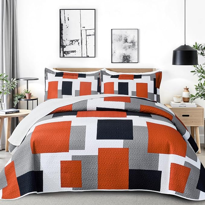 Tyrot 3 Piece Orange Grey Quilt Set King Size Black White Gray Geometric by TyrotHomeDecor