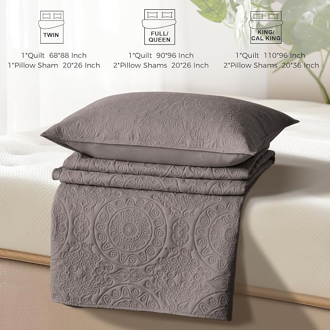 WURUIBO Dark Gray Quilt Set King/Cal King Size, Embossing Microfiber Bedspreads - Image 7