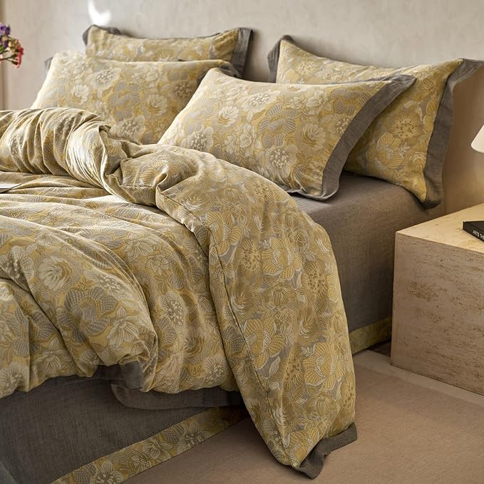 mixinni Duvet Cover Queen, Premium Cotton Double-Layer Yarn Golden Floral - Image 2