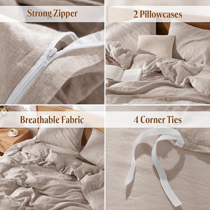 LBRO2M 100% France Linen Duvet Cover Set Queen Size 3 Pcs Natural Flax - Image 5