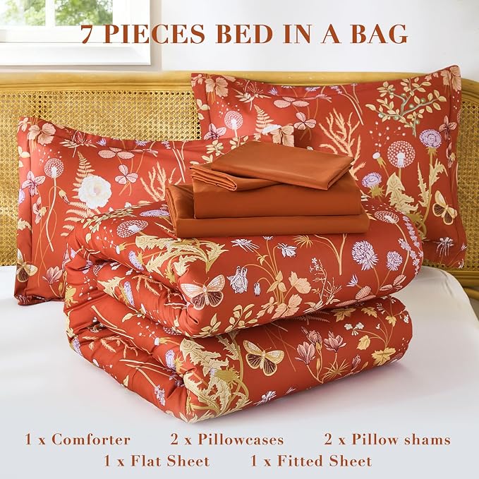 Yiran Queen Comforter Set 7 Piece, Burnt Orange Floral Bedding Set, Bed in a - Image 6