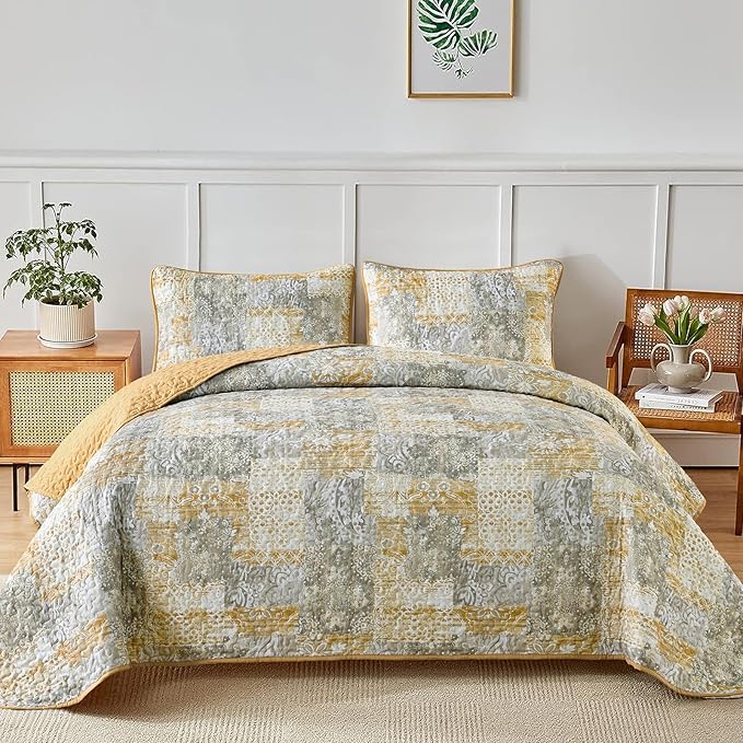 Mybedsoul Yellow Boho Quilt Set Queen Size 3 Pieces Grey and Yellow Plaid by Mybedsoul